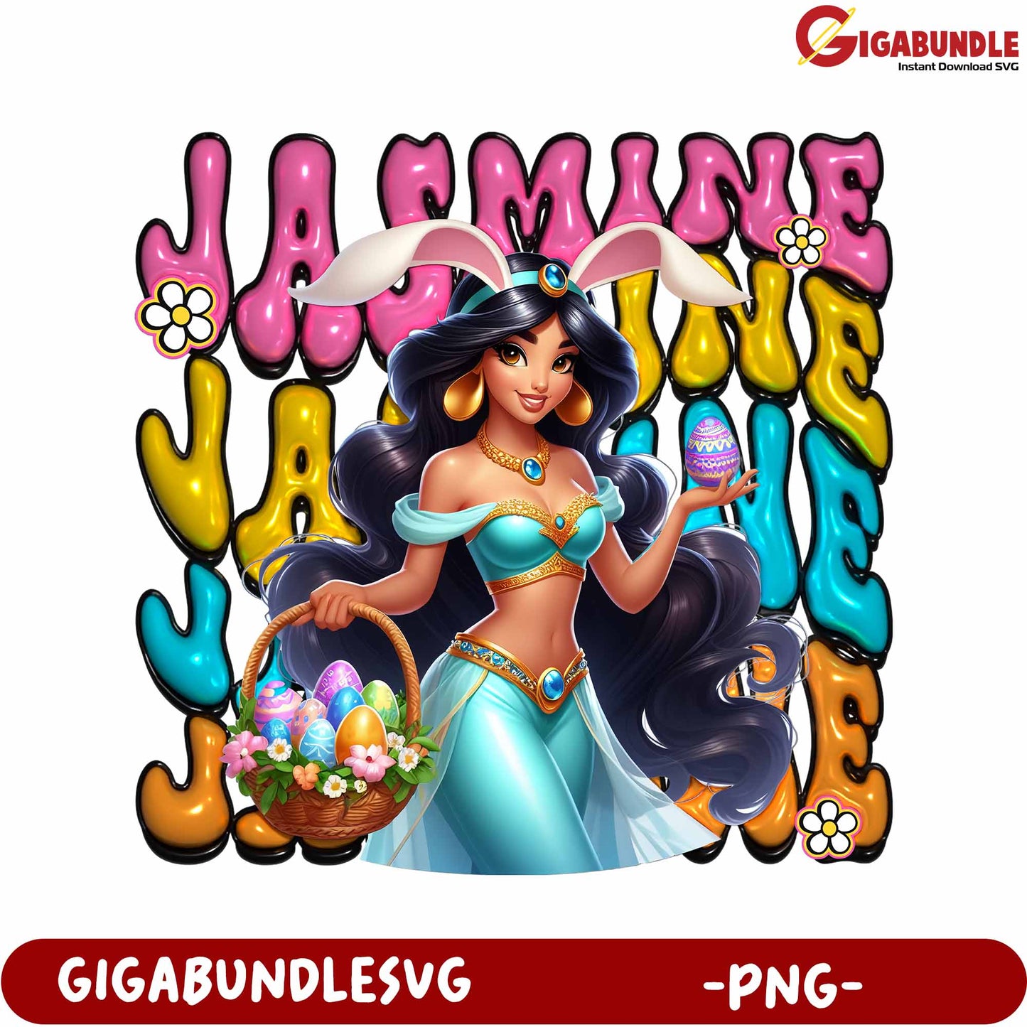 Jasmine Easter PNG Design with Colorful Lettering and Eggs