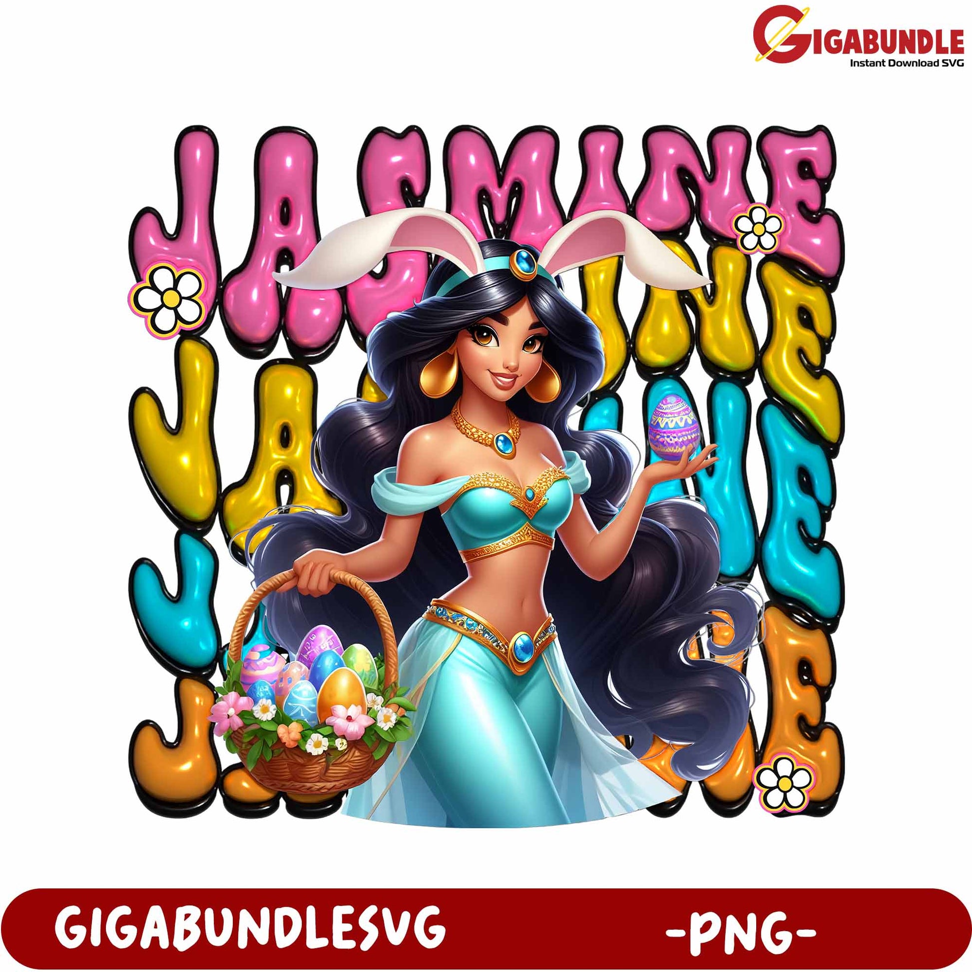Jasmine Easter PNG Design with Colorful Lettering and Eggs