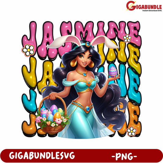 Jasmine Easter PNG Design with Colorful Lettering and Eggs