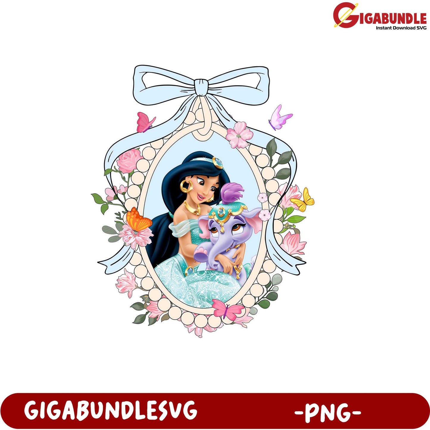 Jasmine and Elephant Floral Frame Illustration PNG Downloadable Art