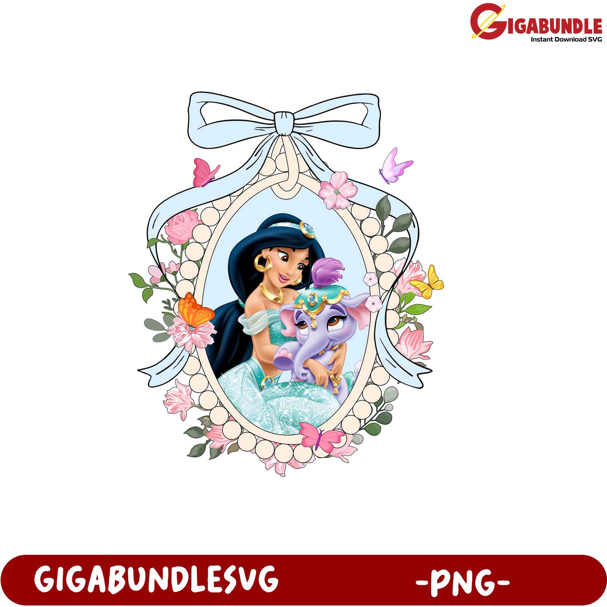 Jasmine and Elephant Floral Frame Illustration PNG Downloadable Art