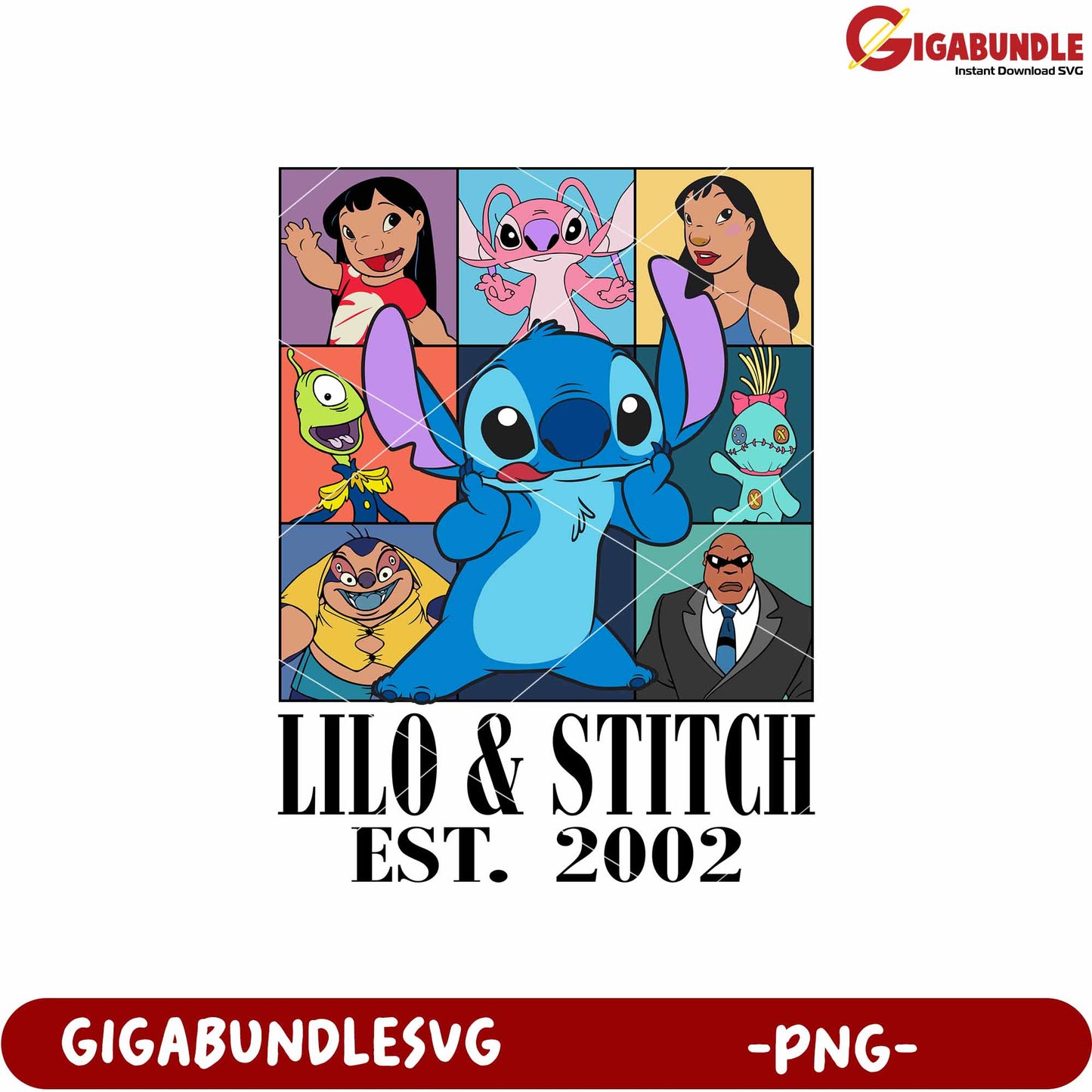 Lilo and stitch est 2002 design png, disney chracters png, retro lilo and stitch png