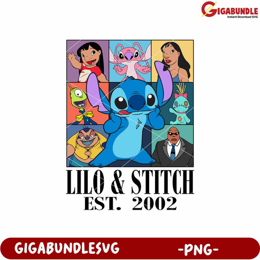 Lilo and stitch est 2002 design png, disney chracters png, retro lilo and stitch png