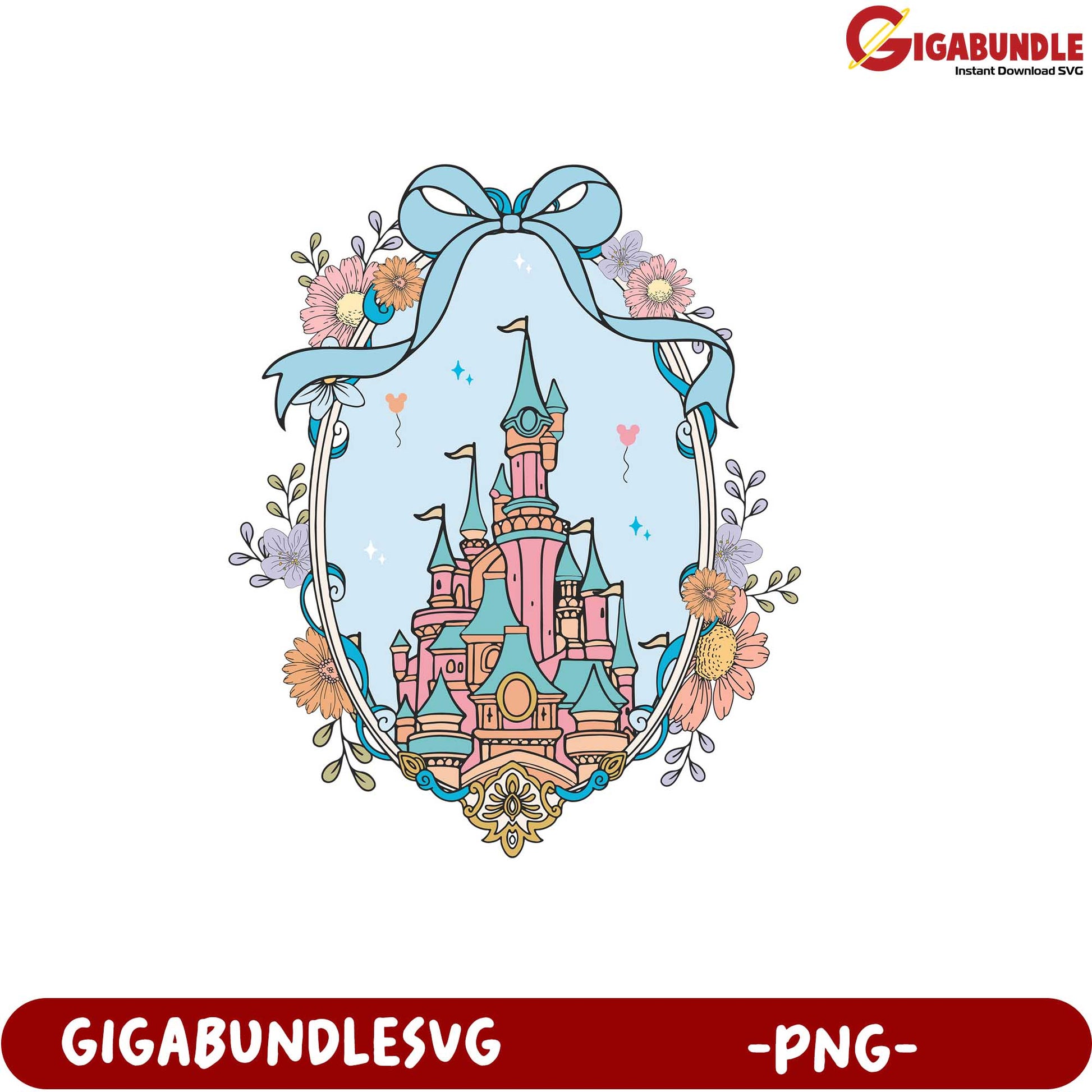 Magical Castle Illustration with Flowers and Bow PNG Design File