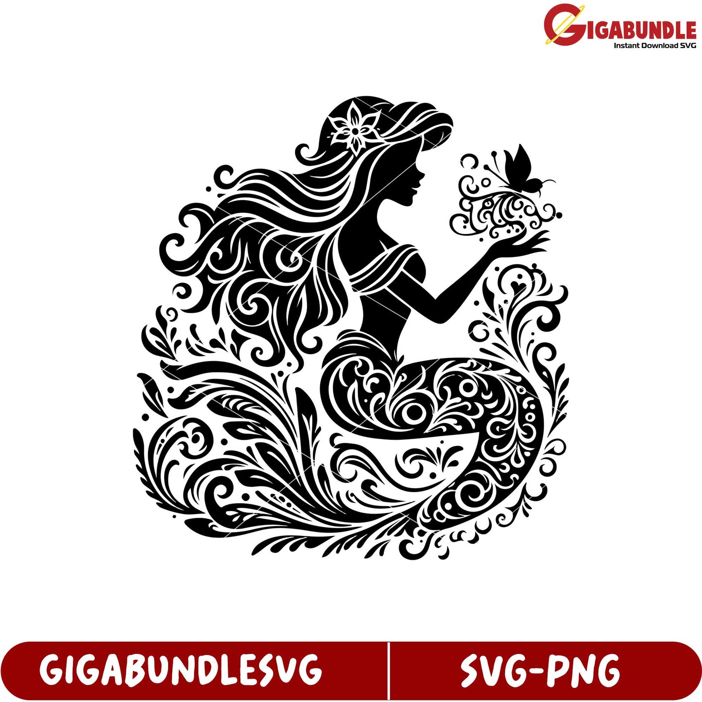 Magical Mermaid Silhouette with Floral Swirls SVG Downloadable Artwork