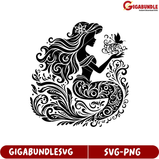 Magical Mermaid Silhouette with Floral Swirls SVG Downloadable Artwork