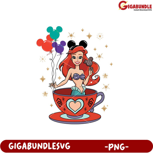 Magical Mermaid in Colorful Teacup with Balloons PNG