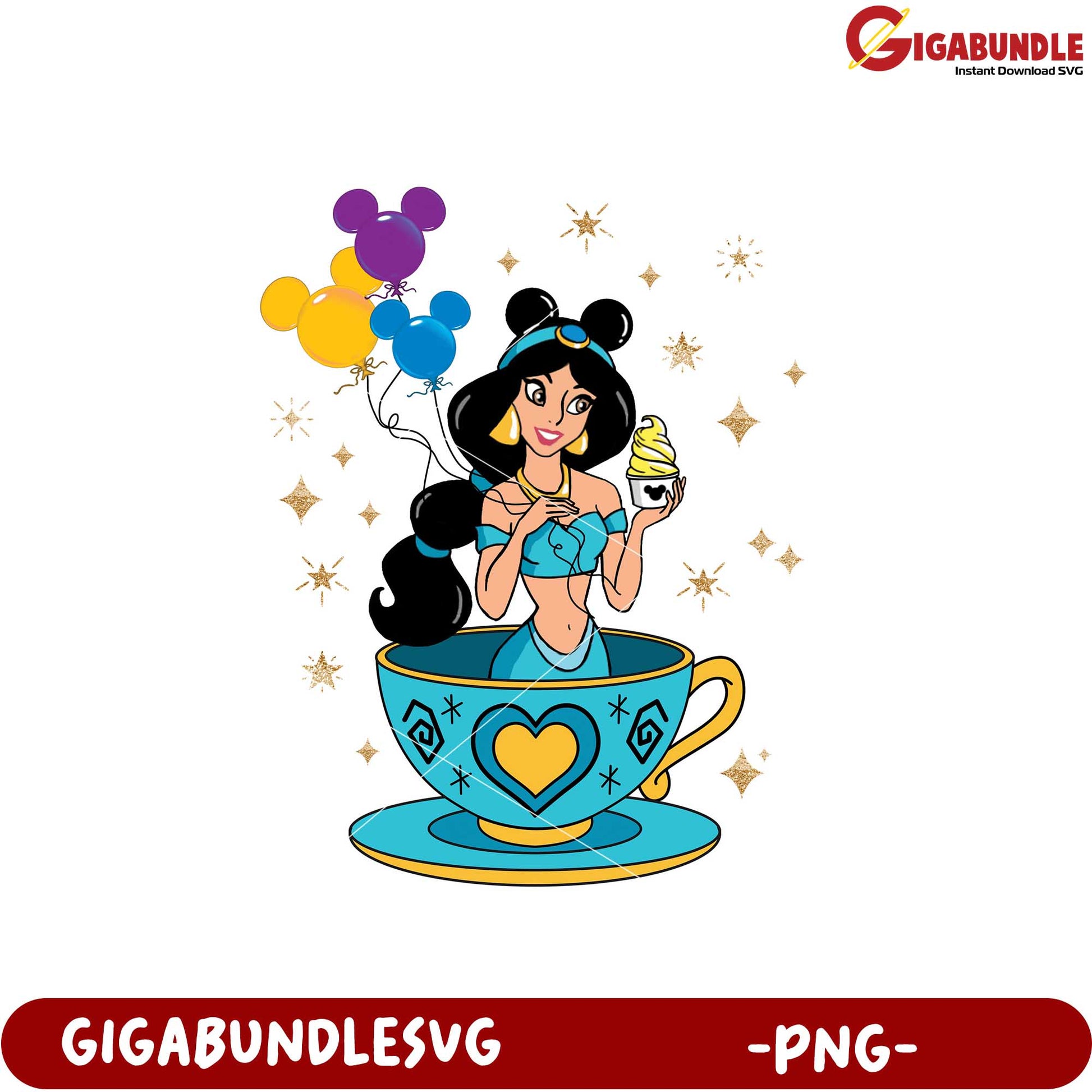 Magical Princess in Cup with Balloons and Treats PNG