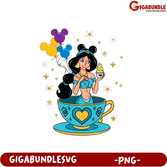 Magical Princess in Cup with Balloons and Treats PNG