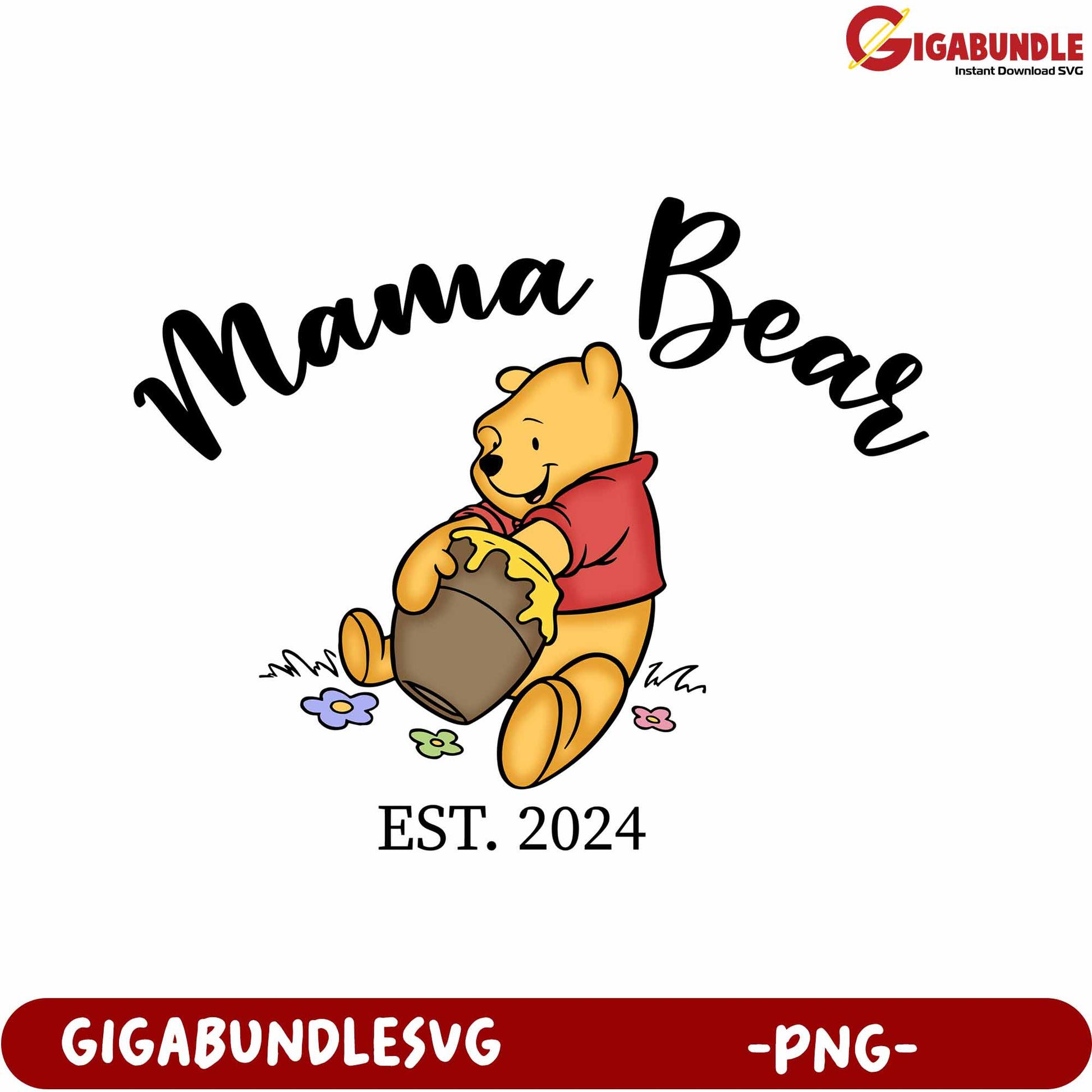 Mama Bear Designs PNG with Cute Honey Pot and Flowers