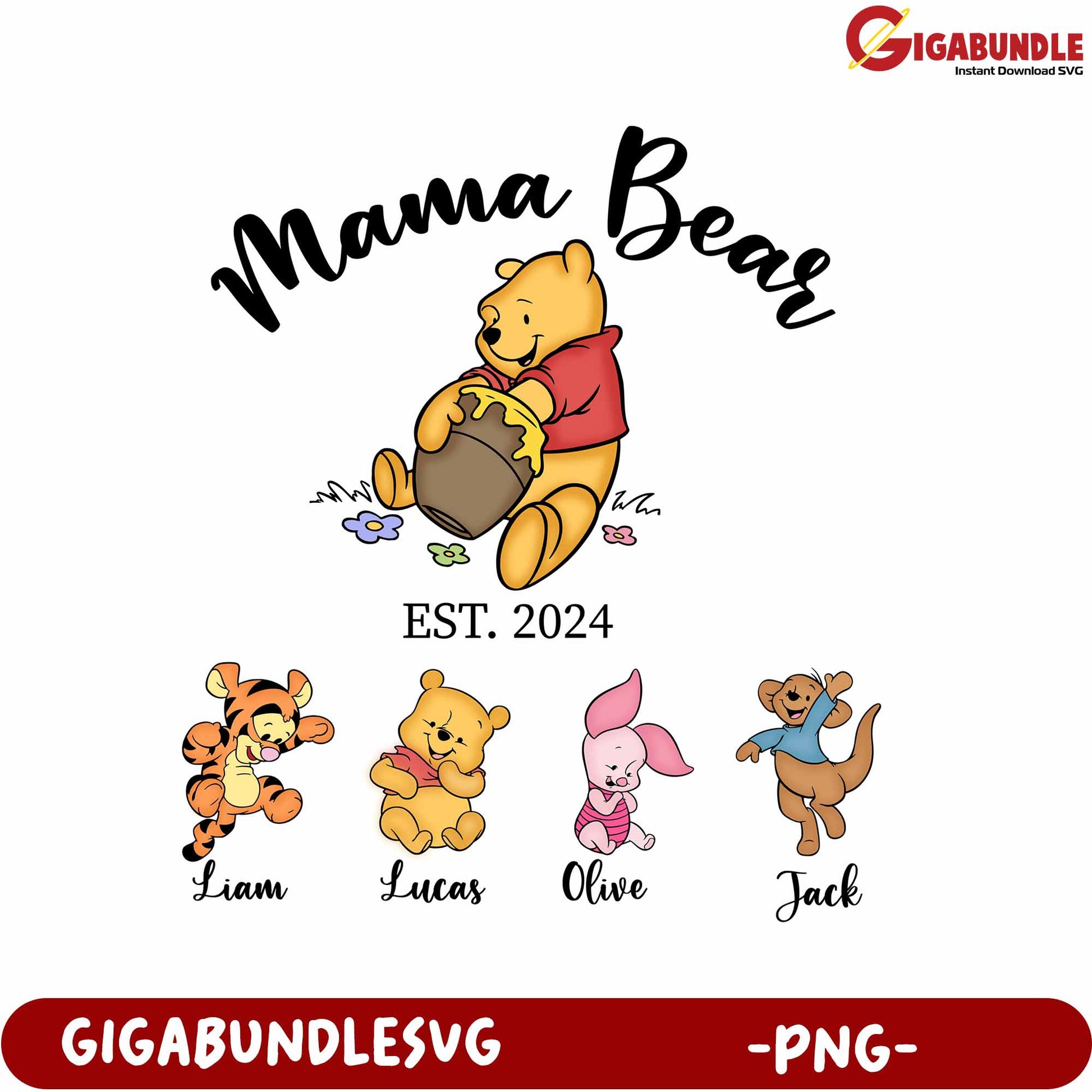 Mama Bear Family Design with Cute Cartoon Characters - PNG