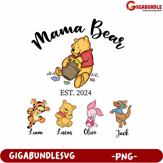 Mama Bear Family Design with Cute Cartoon Characters - PNG