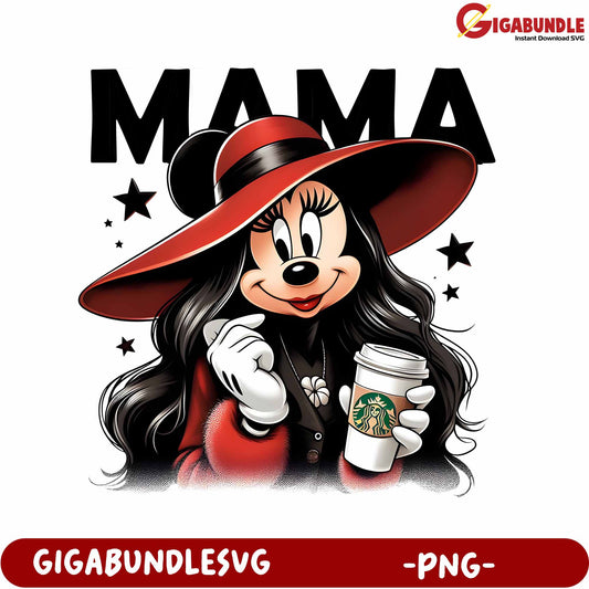 Mama Mouse Character with Stylish Hat and Coffee - PNG File