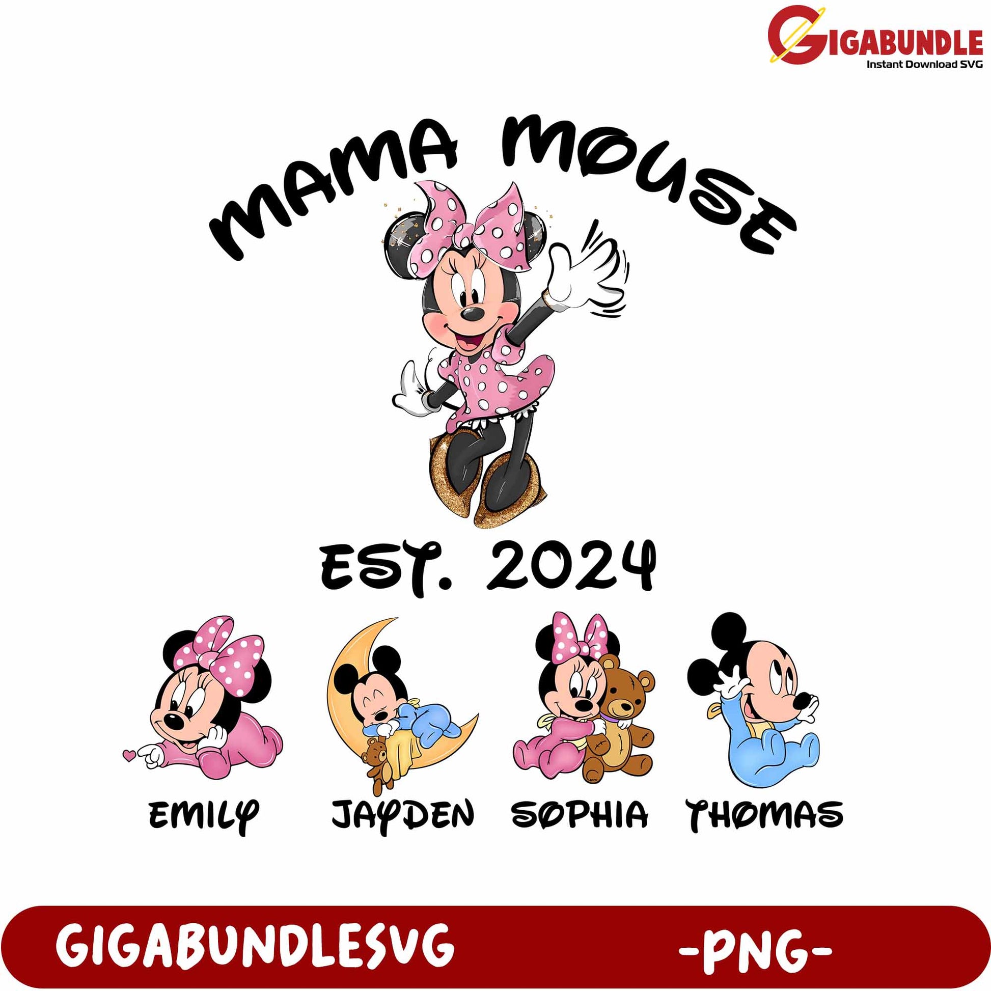 Mama Mouse Family Design with Cute Cartoon Characters - PNG