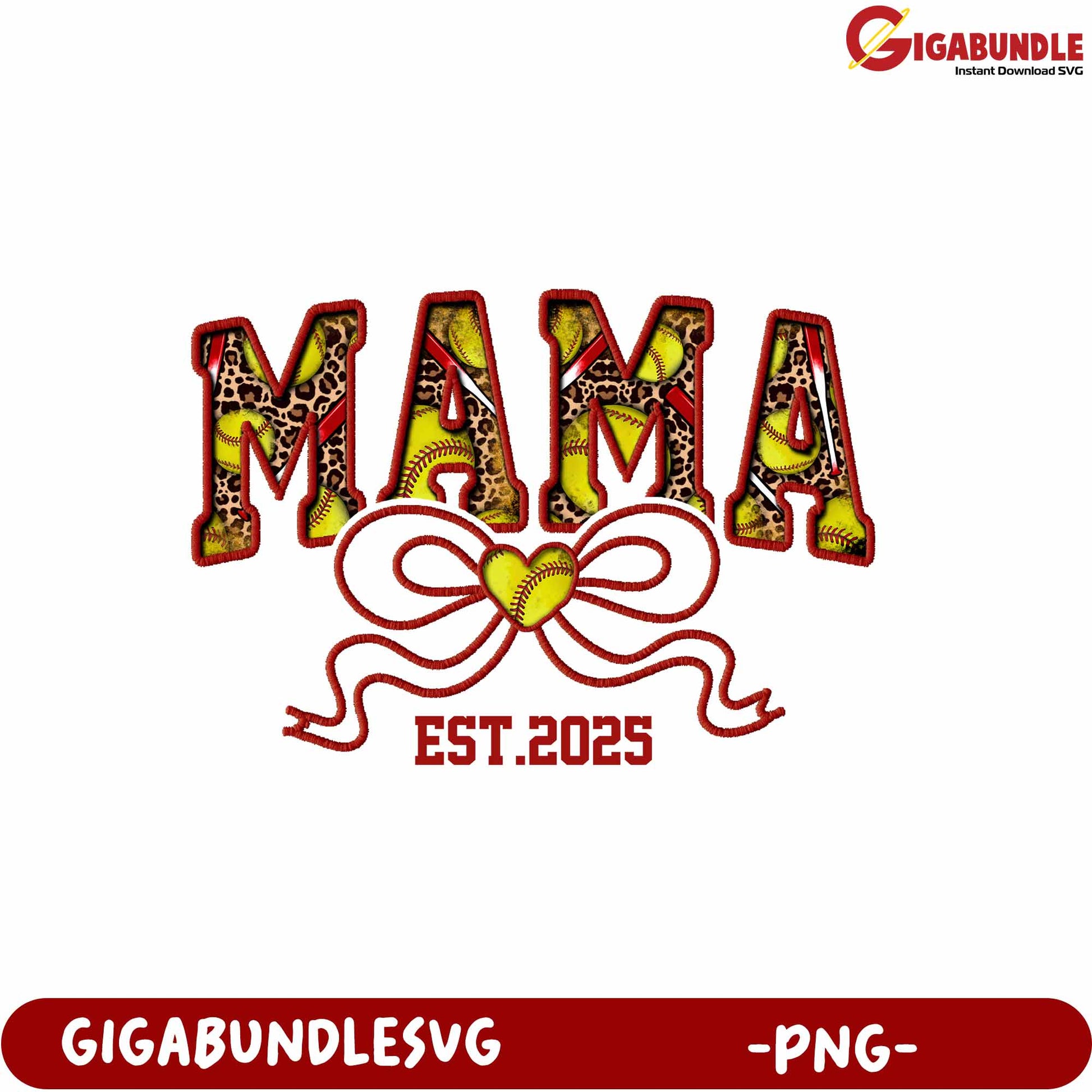 Mama Softball Design with Heart and Bow for Established Families PNG