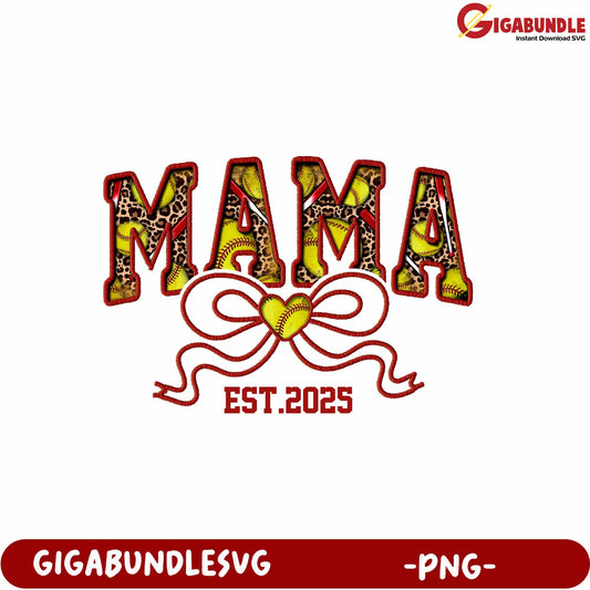 Mama Softball Design with Heart and Bow for Established Families PNG