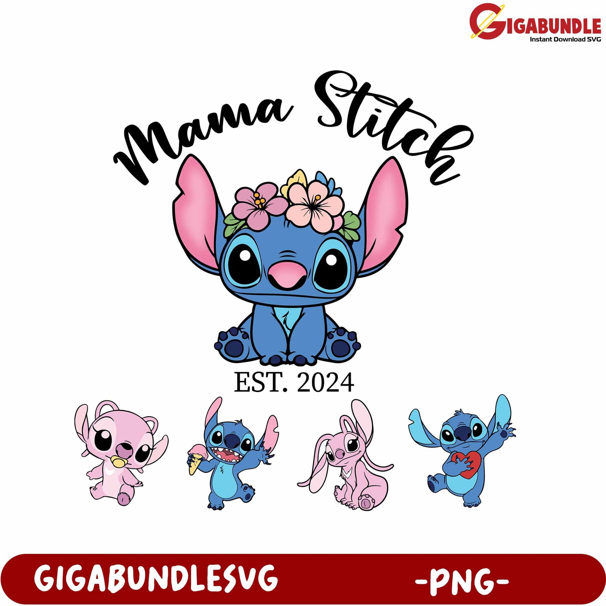 Mama Stitch PNG Art with Floral Design Established 2024