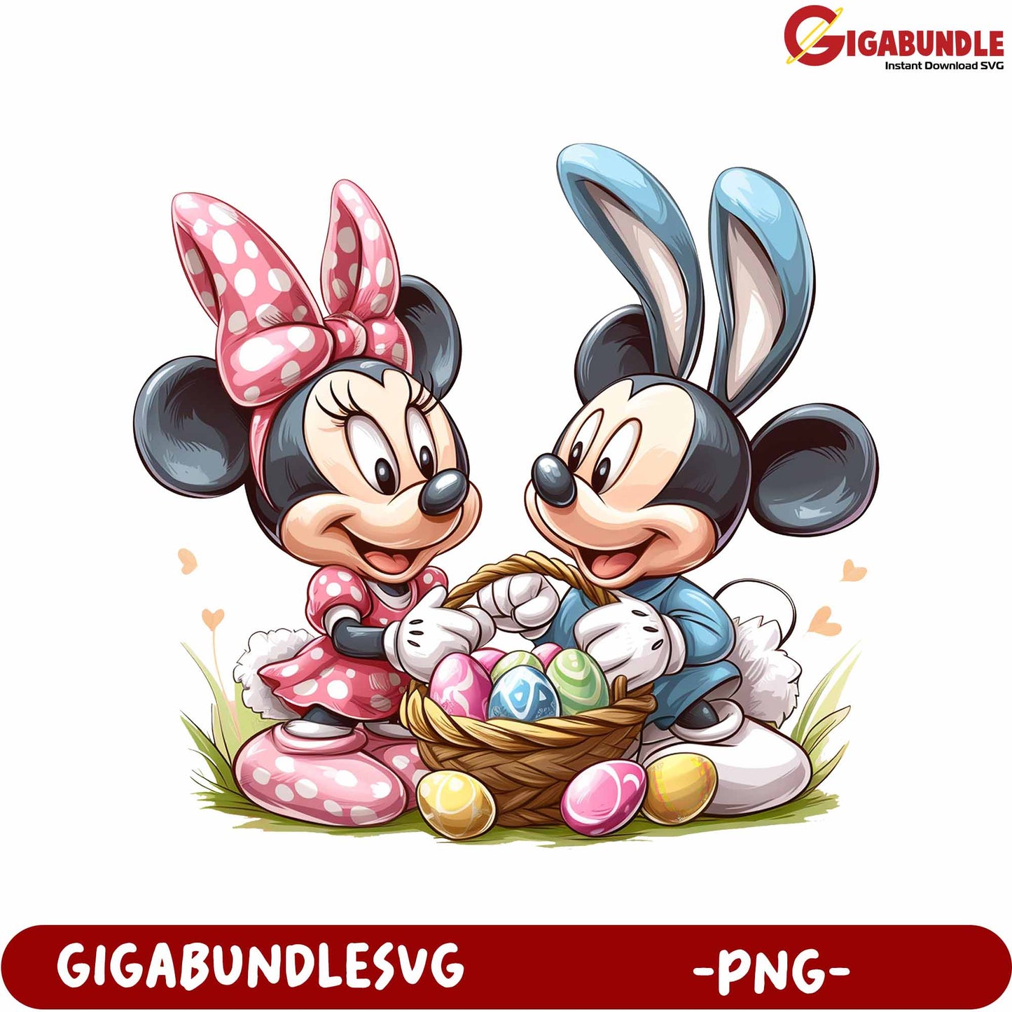 Mickey Minnie Celebrating Easter with Colorful Eggs - PNG