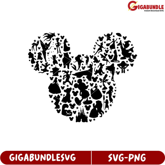 Mickey Mouse Silhouette Graphic with Disney Princesses and Characters SVG