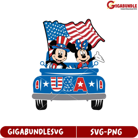 Mickey and Minnie Retro Car USA Flag SVG Design for Celebrations