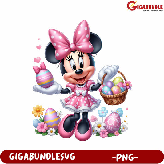 Minnie Mouse Easter PNG with Colorful Eggs and Flowers Design