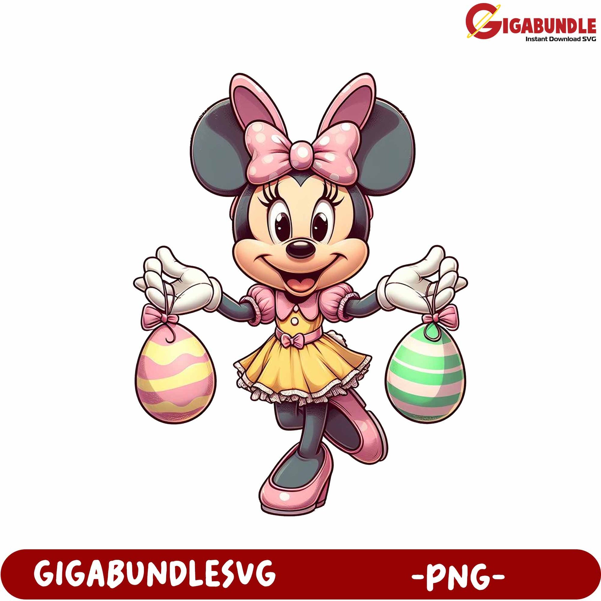 Minnie Mouse Holding Colorful Easter Eggs PNG Downloadable Art