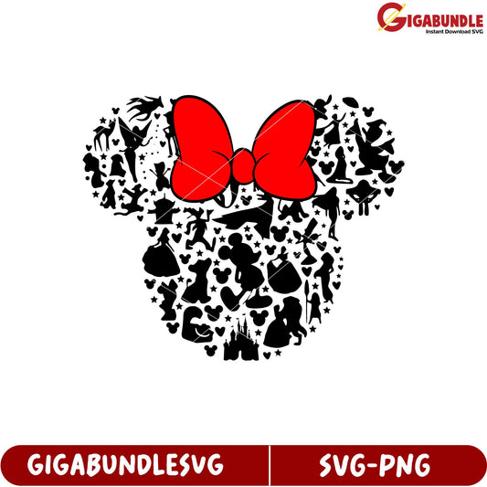 Minnie Mouse Silhouette Art with Red Bow for SVG Design Projects