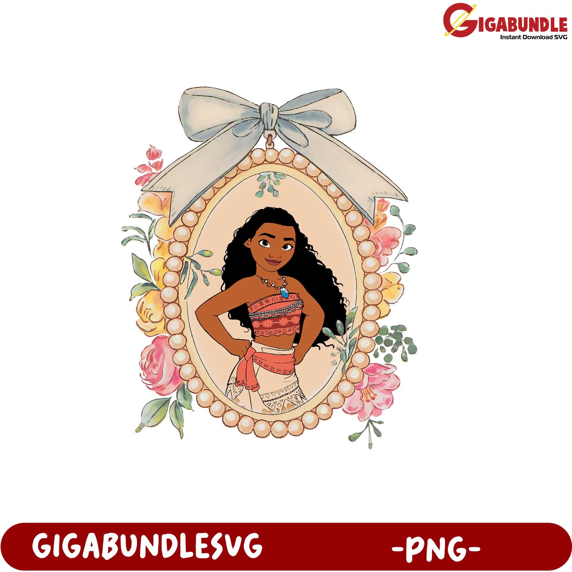 Moana Character Illustration Flower Frame PNG Downloadable Art Design