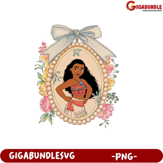 Moana Character Illustration Flower Frame PNG Downloadable Art Design