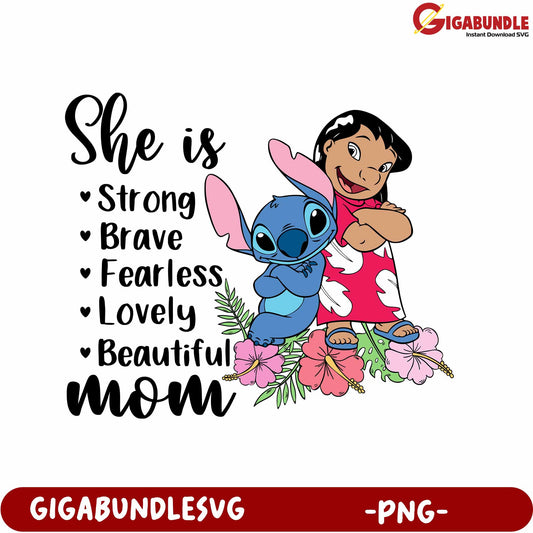 Mom PNG Design Strong, Brave, Lovely, Fearless, Beautiful Art