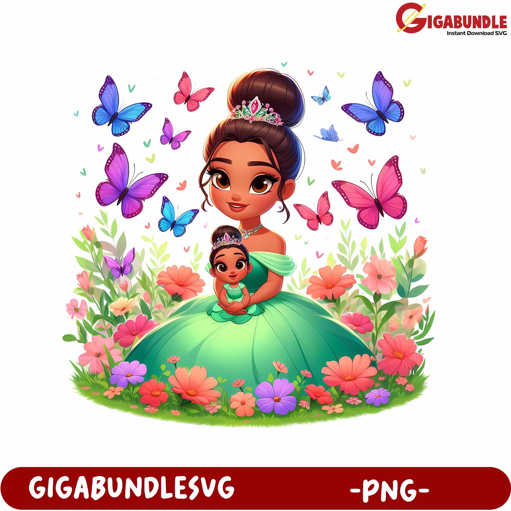 Mom and Daughter Princesses with Butterflies Floral PNG Art