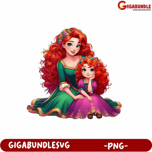 Mother and Daughter Princess Illustration PNG for Craft Projects