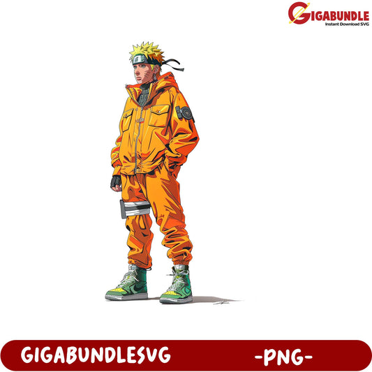 Naruto Character Illustration in Bright Orange Jacket PNG Format