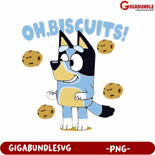Oh Biscuits! Fun Blue Cartoon Dog with Cookies PNG Graphic
