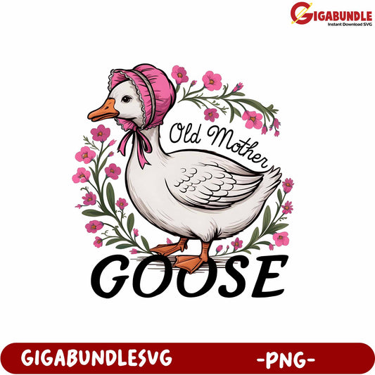 Old Mother Goose Vintage Duck Illustration Floral Design PNG File
