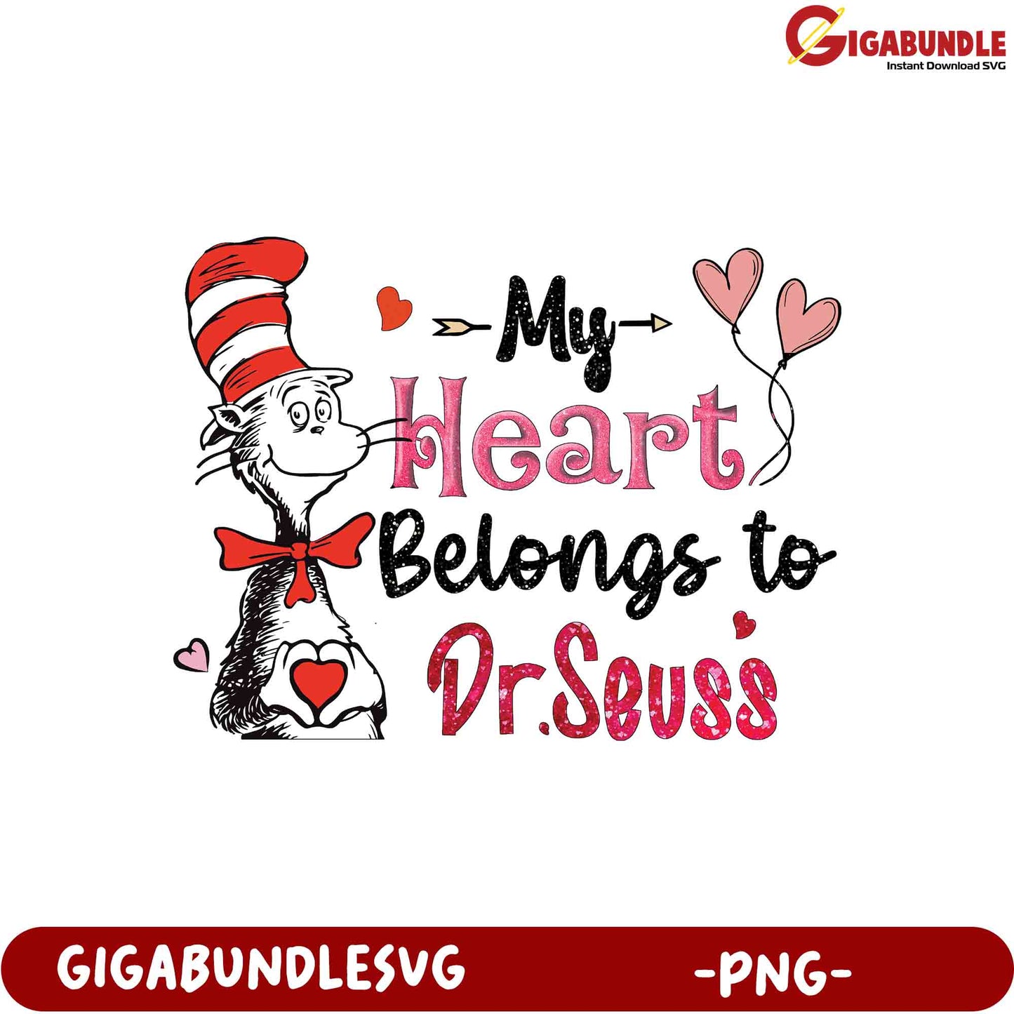 Option 1 (Focus on character) Cat in the Hat Valentine's PNG