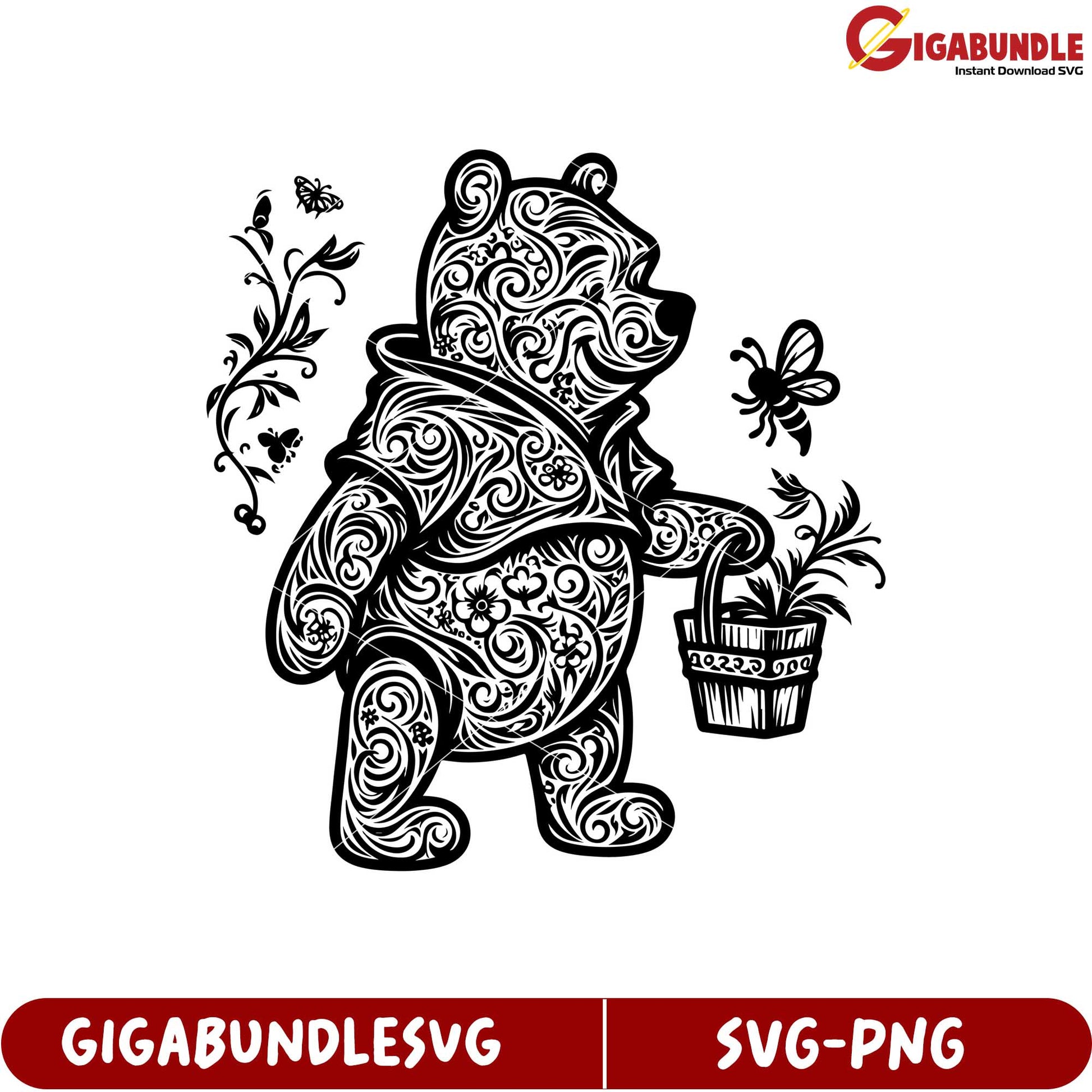 Ornate Bear Holding Flower Pot SVG Artwork for Crafting Projects