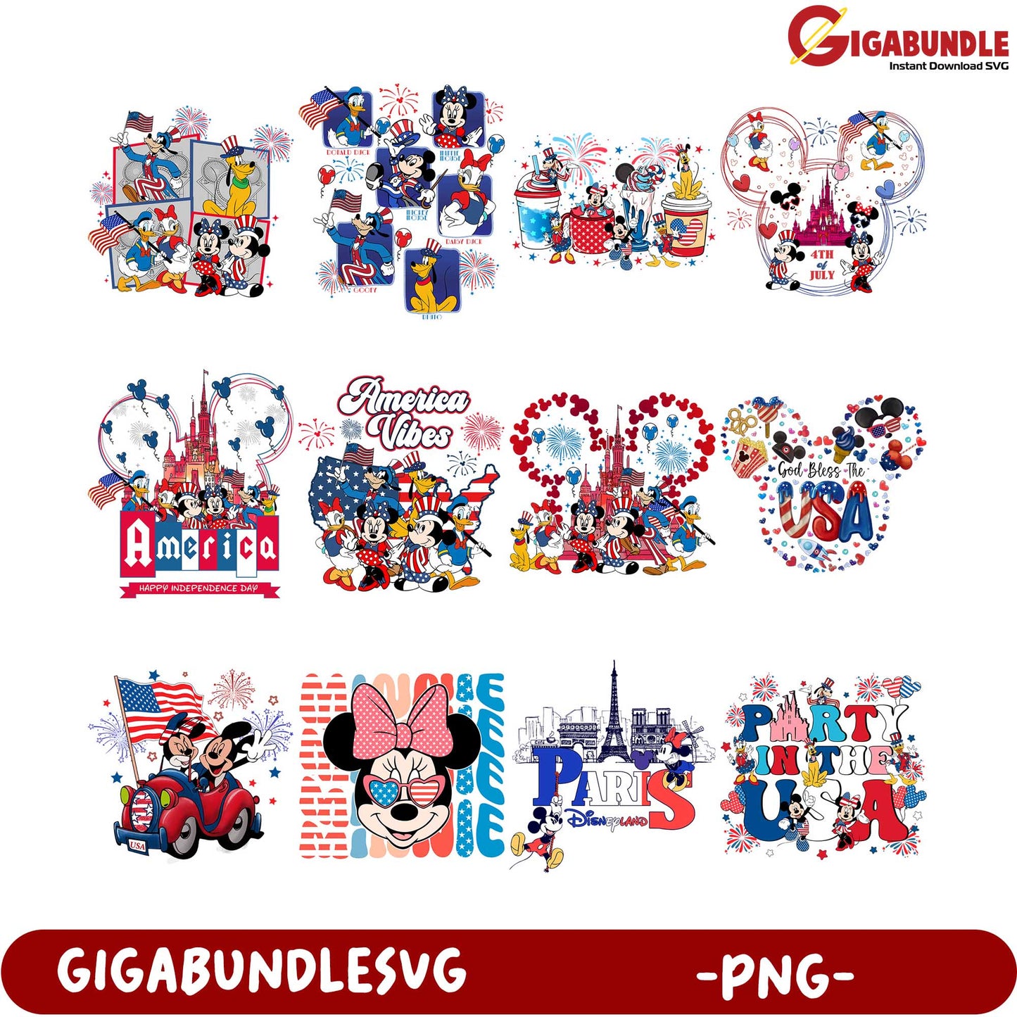 Patriotic Mickey Mouse PNG Bundle for Independence Day Designs