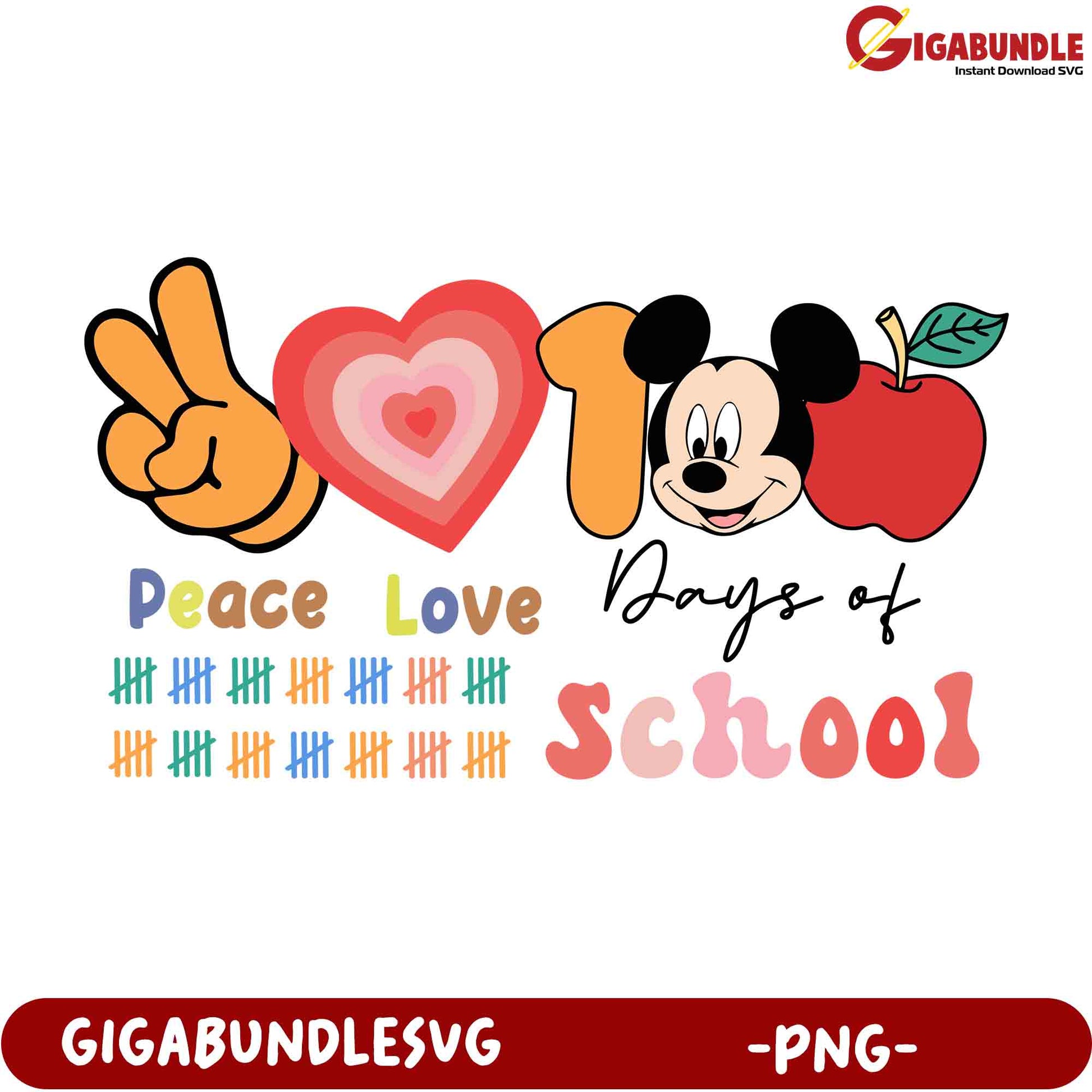 Peace Love 100 Days of School PNG Mickey