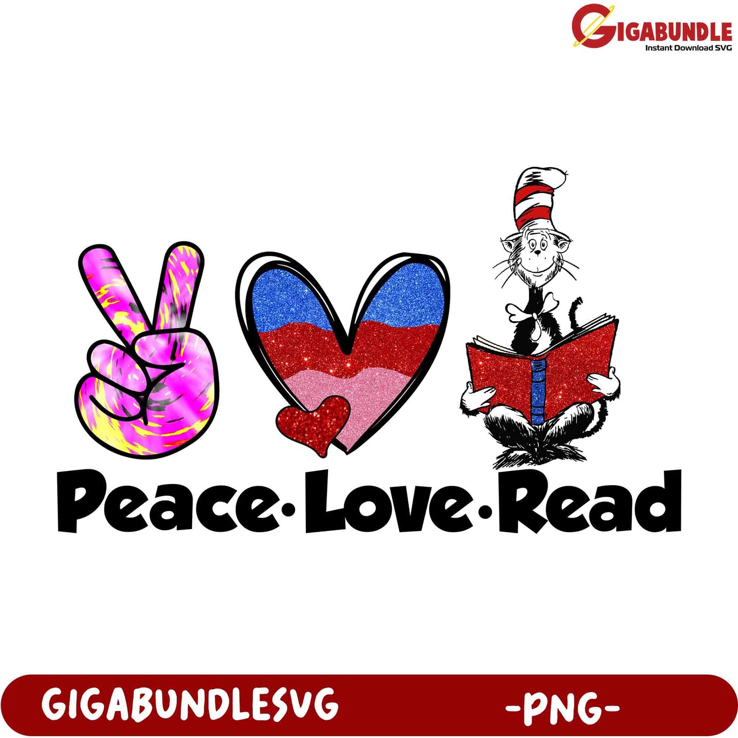 Peace Love Read Cat PNG Design