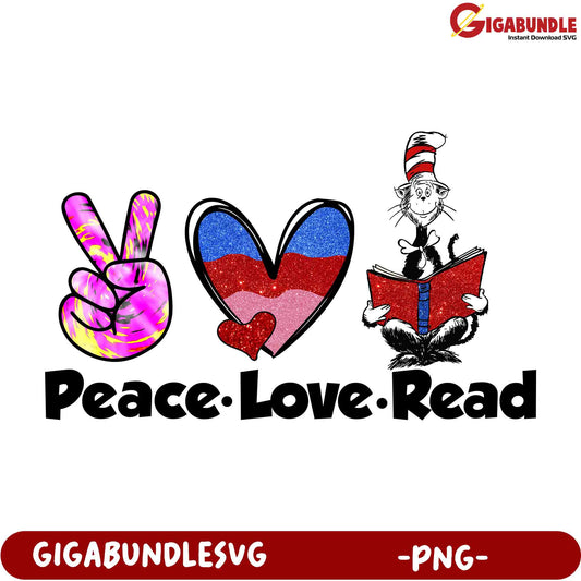 Peace Love Read Cat PNG Design