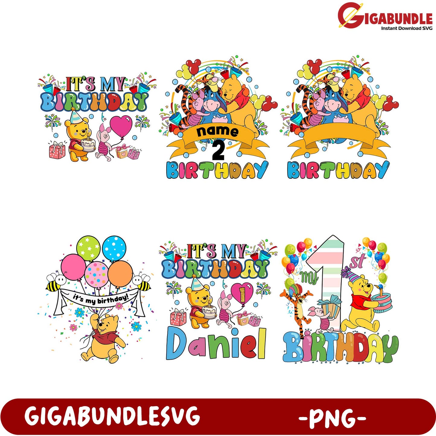 Personalized Winnie the Pooh Birthday Bundle - PNG Format