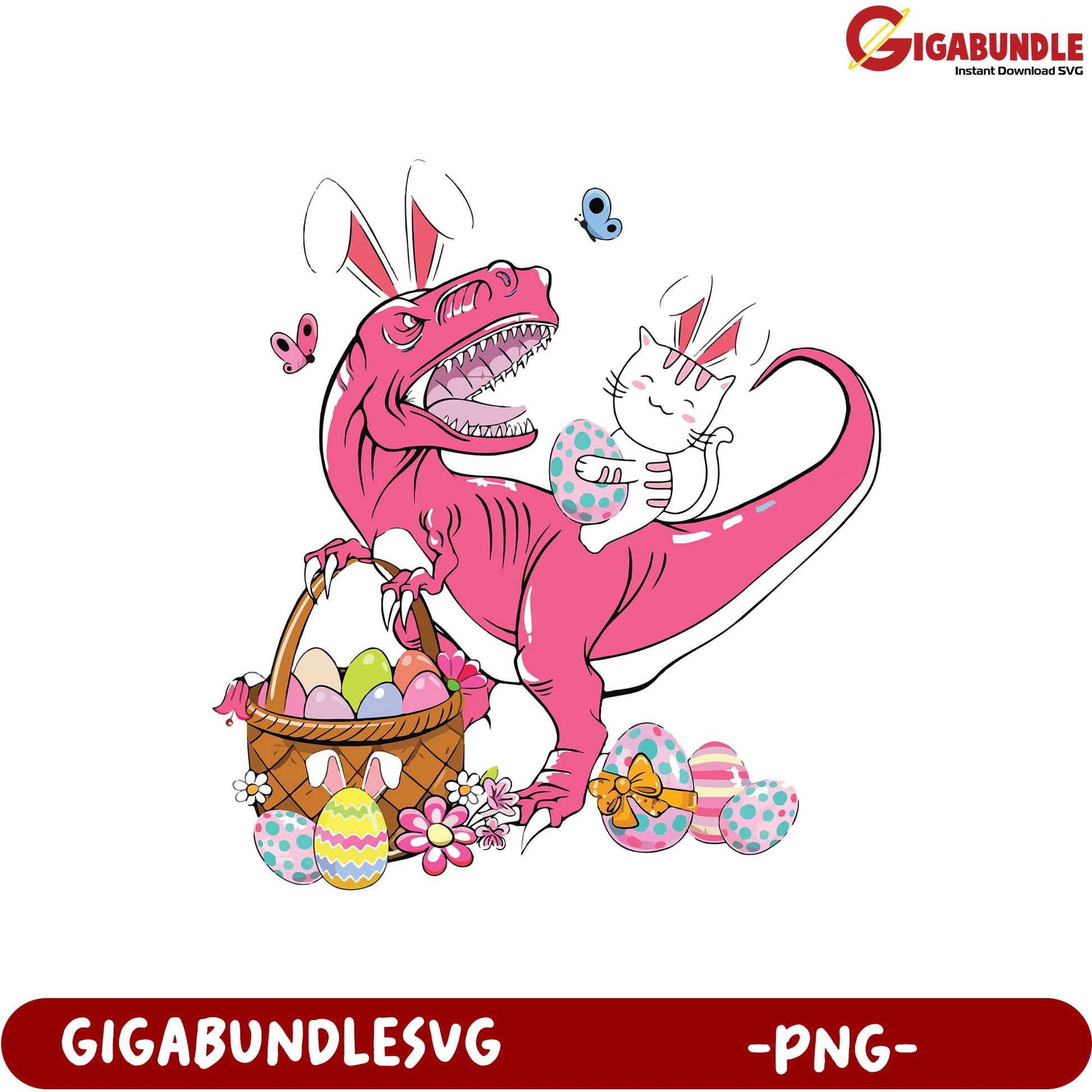 Pink Dinosaur and Cat Easter PNG Graphic for Fun Designs