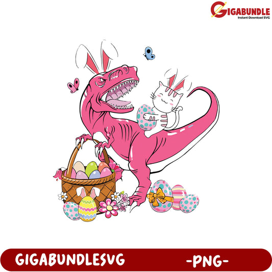 Pink Dinosaur and Cat Easter PNG Graphic for Fun Designs