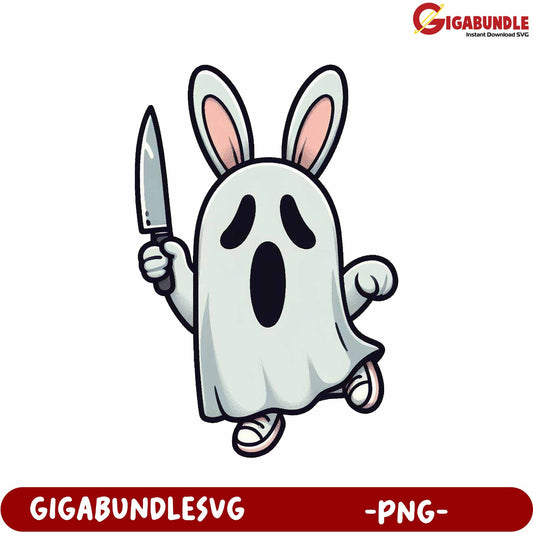 Playful Ghost Bunny with Knife  Fun PNG Graphic Download