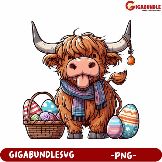 Playful Highland Cow with Easter Eggs Basket PNG Artwork