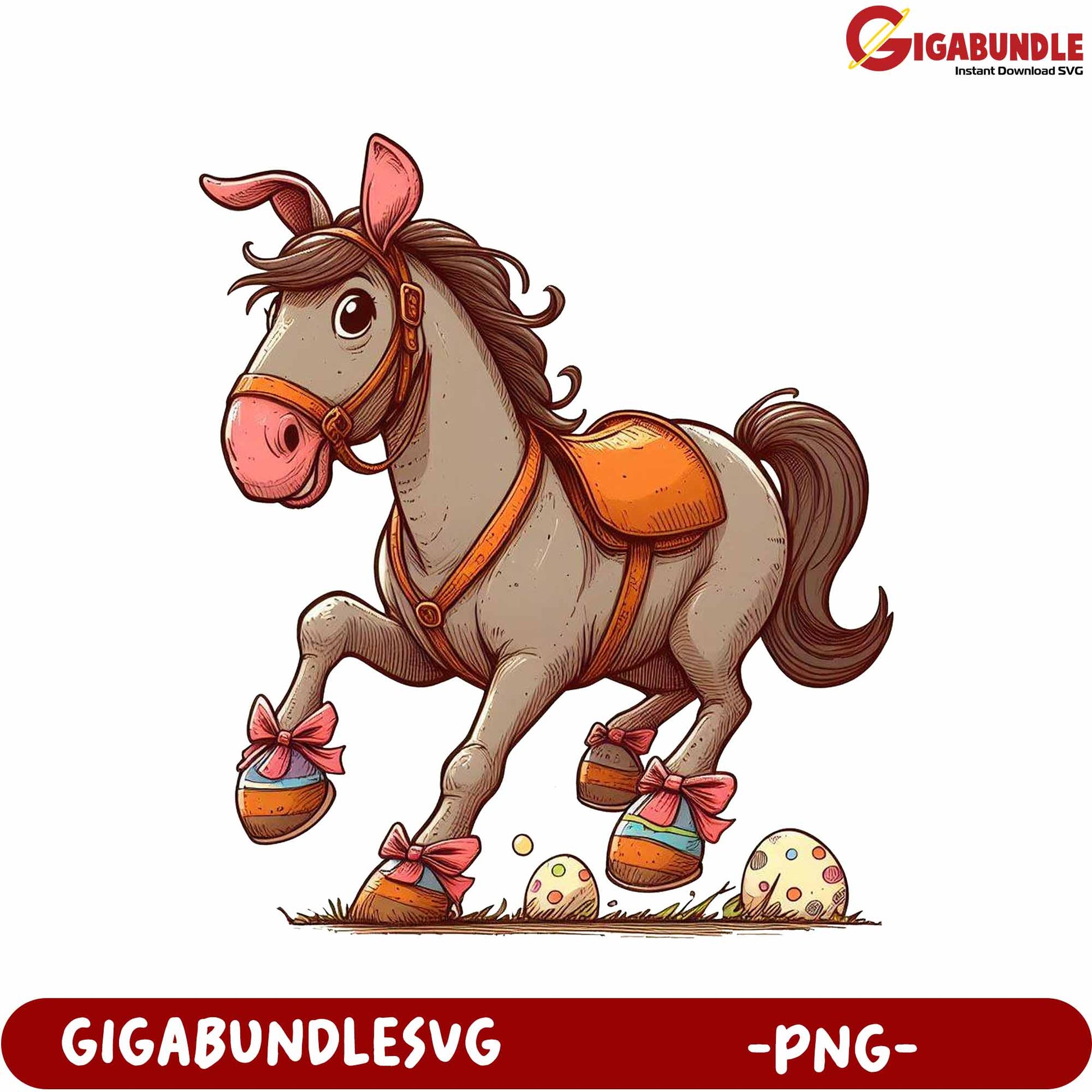 Playful Horse Illustration with Easter Eggs - PNG Format Design