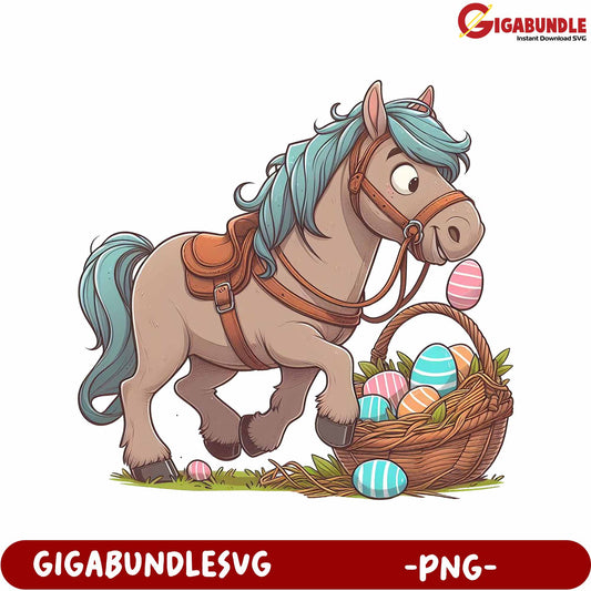Playful Pony with Easter Eggs in a Basket - PNG Illustration