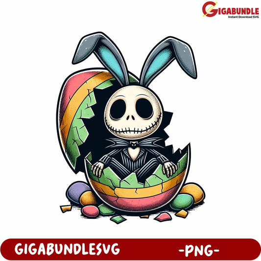 Playful Skeleton Bunny in Colorful Egg PNG Downloadable Art