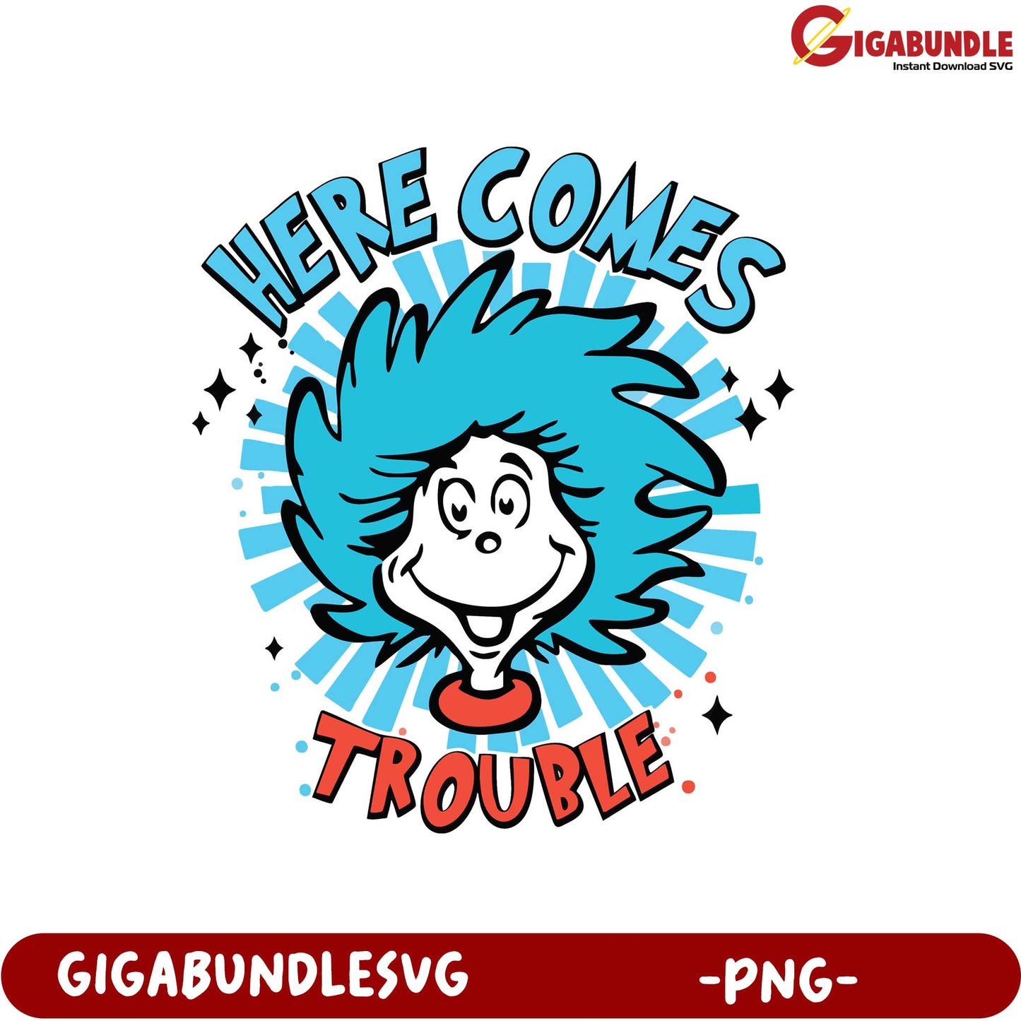 Playful 'Here Comes Trouble' PNG Design for Fun Projects